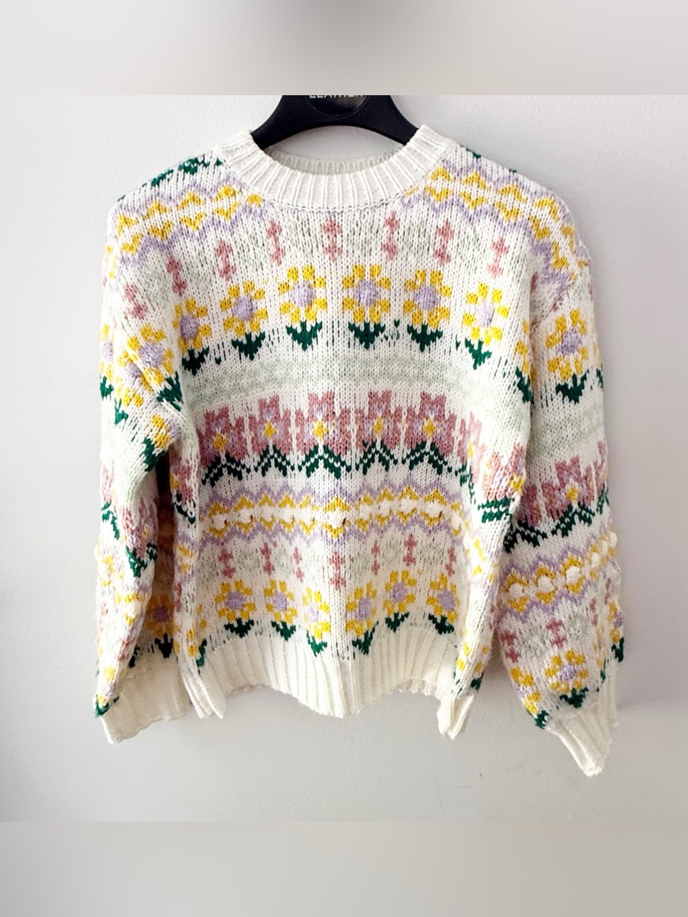 Easel Women Floral Fair Isle Nordic Sweater Cozy Cabin Comfy Cottage Granny